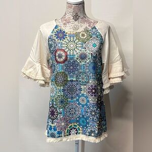MISSLOOK Cream and blue medallion print top size S.